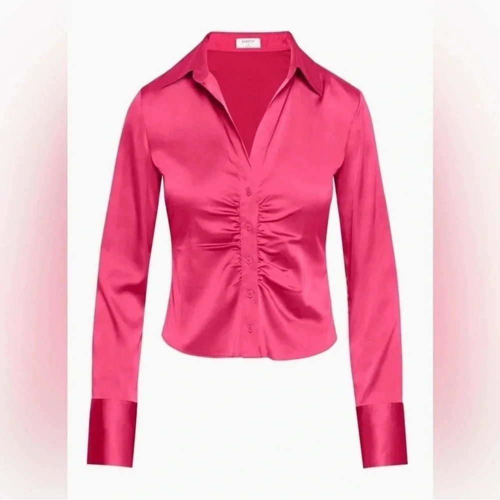 NWOT Aritzia Babaton Leiko Satin Ruched
Cropped Button Down Blouse in Ultra Pink